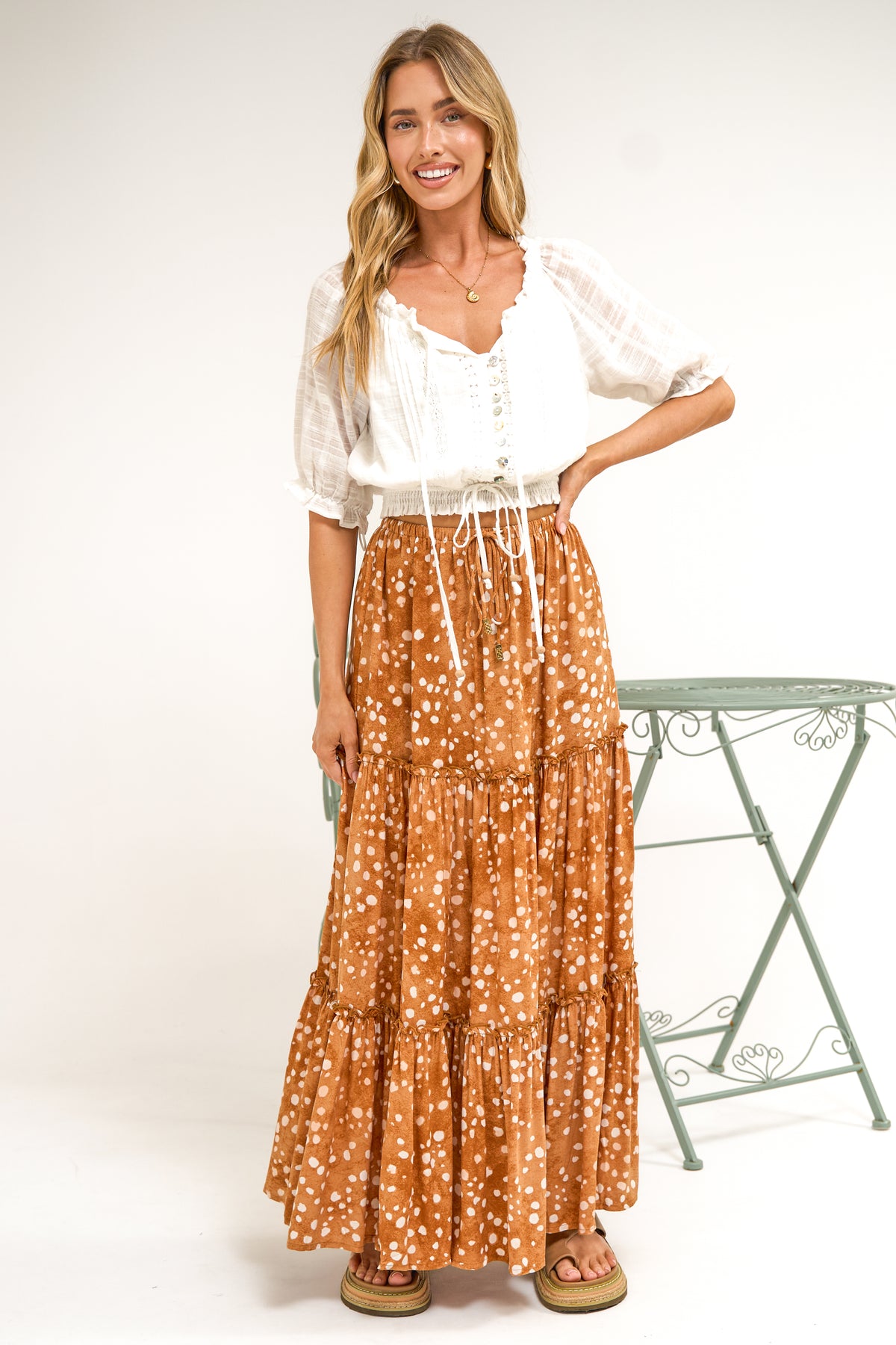 Elsa Maxi Skirt - High Waisted Frill Splicing Tiered Skirt in Lilwen Print