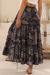 Elsa Maxi Skirt - High Waisted Frill Splicing Tiered Skirt in Midnight Flora Print