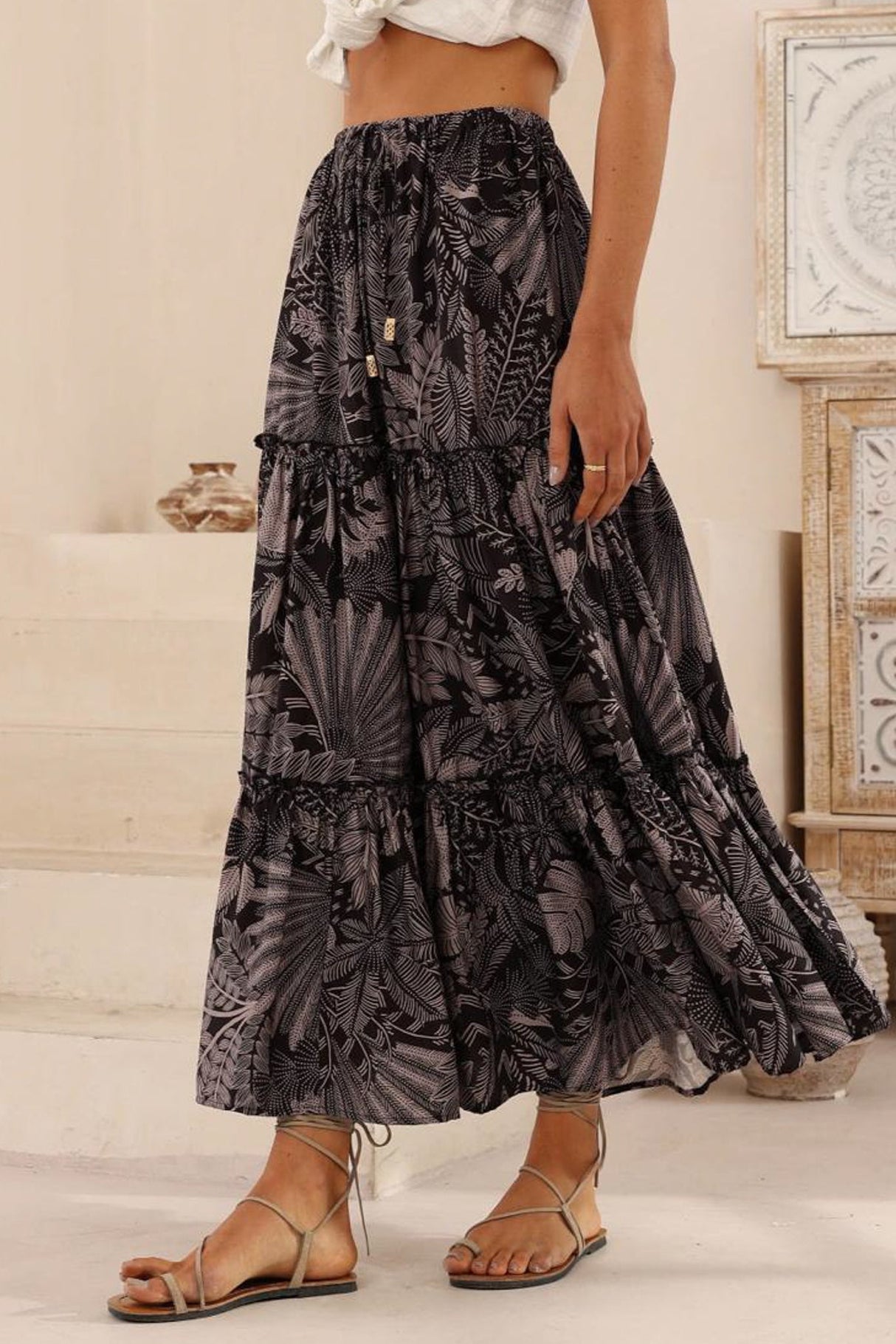 Elsa Maxi Skirt - High Waisted Frill Splicing Tiered Skirt in Midnight Flora Print