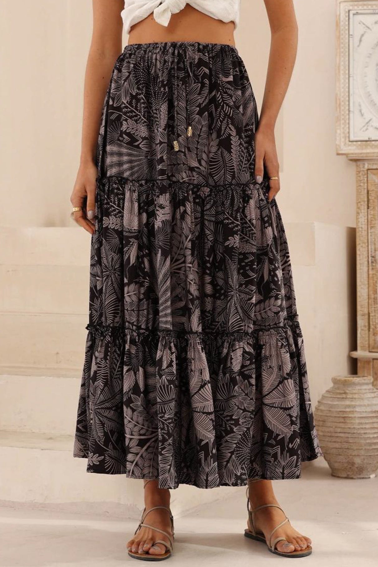 Elsa Maxi Skirt - High Waisted Frill Splicing Tiered Skirt in Midnight Flora Print