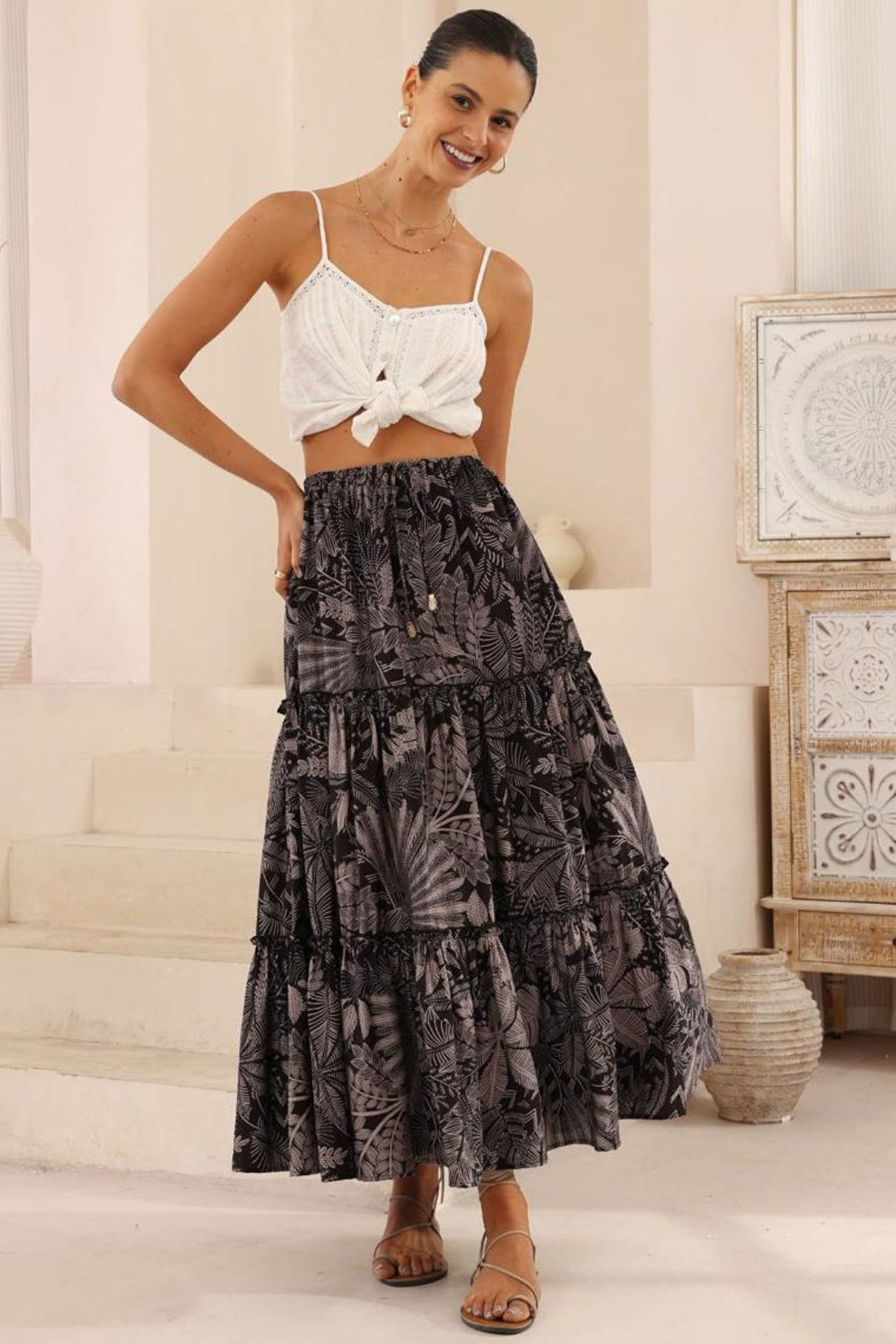 Elsa Maxi Skirt - High Waisted Frill Splicing Tiered Skirt in Midnight Flora Print