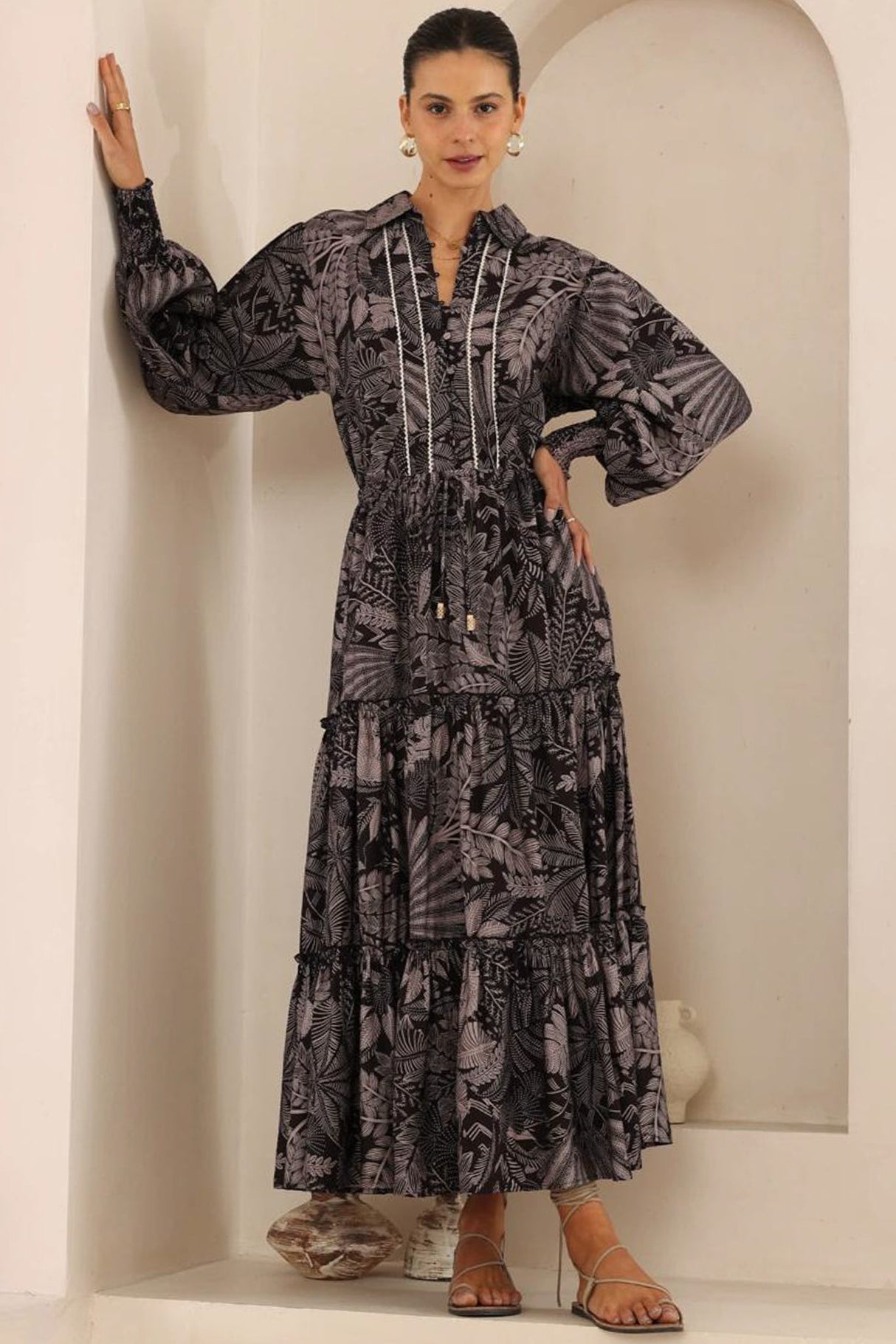 Elsa Maxi Skirt - High Waisted Frill Splicing Tiered Skirt in Midnight Flora Print