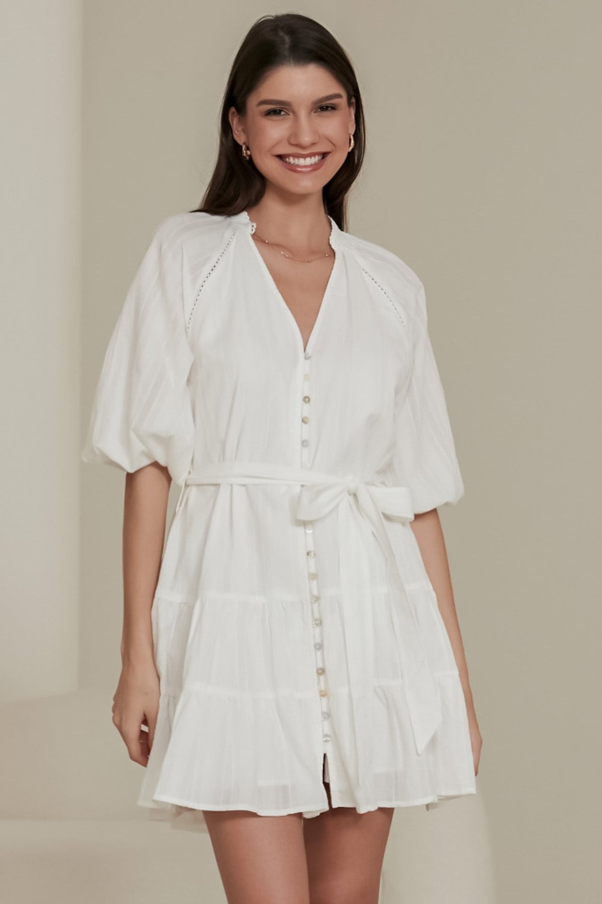 Elsea Mini Dress - Mandarin Collar Button Down Dress with Matching Waist Tie in White