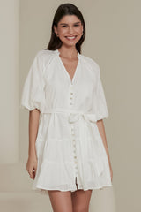 Elsea Mini Dress - Mandarin Collar Button Down Dress with Matching Waist Tie in White