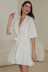 Elsea Mini Dress - Mandarin Collar Button Down Dress with Matching Waist Tie in White