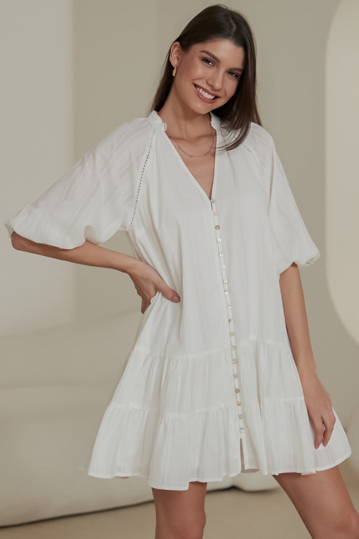 Elsea Mini Dress - Mandarin Collar Button Down Dress with Matching Waist Tie in White