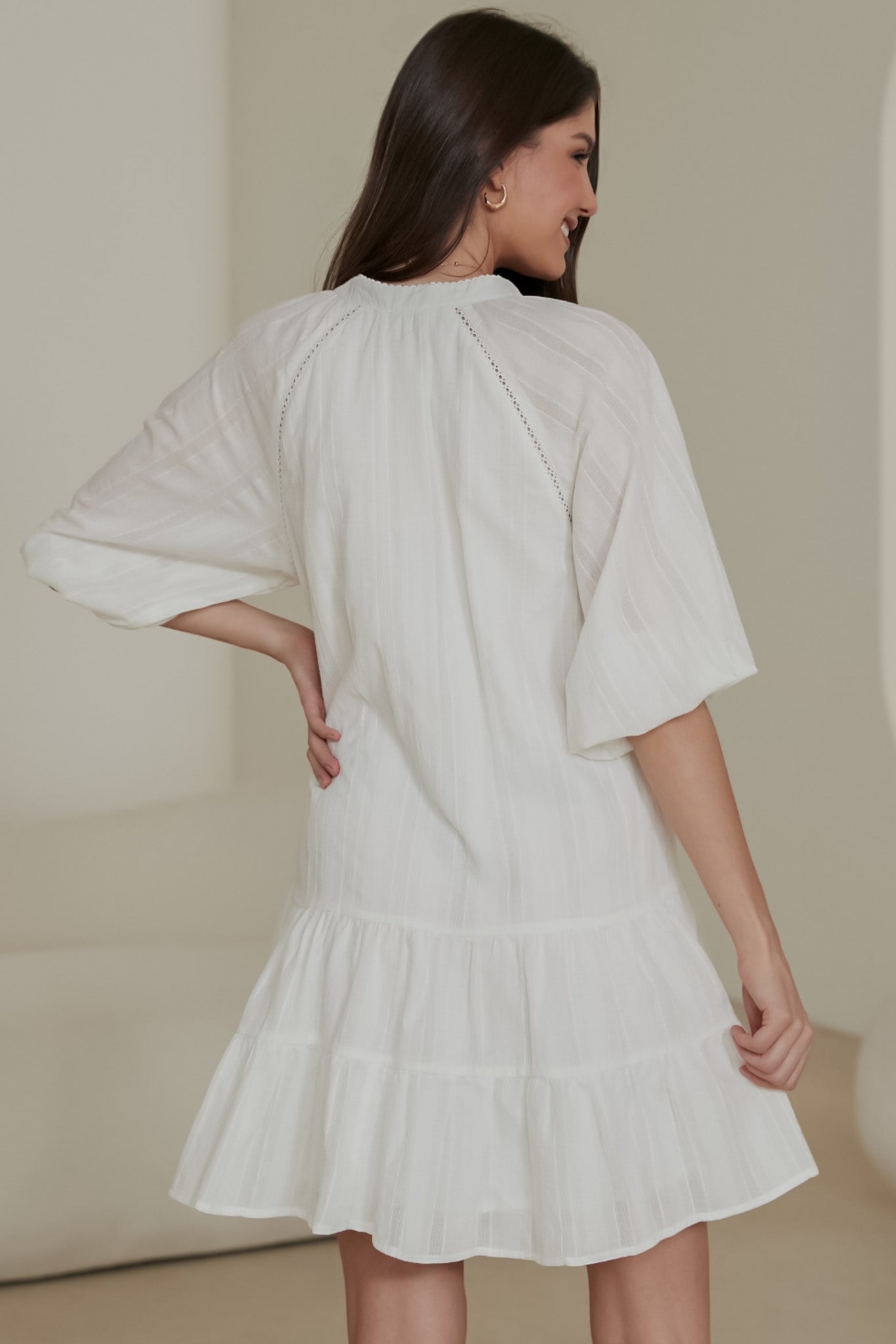 Elsea Mini Dress - Mandarin Collar Button Down Dress with Matching Waist Tie in White