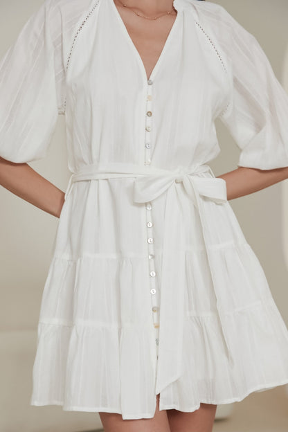 Elsea Mini Dress - Mandarin Collar Button Down Dress with Matching Waist Tie in White
