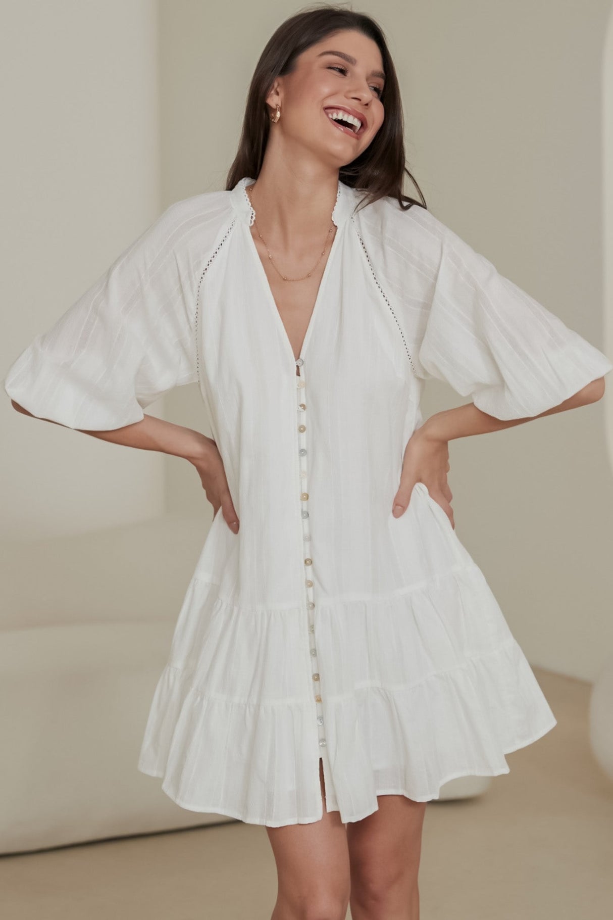 Elsea Mini Dress - Mandarin Collar Button Down Dress with Matching Waist Tie in White