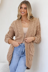 Elton Cardigan - Cable Knit Open Cardigan with Pockets in Camel