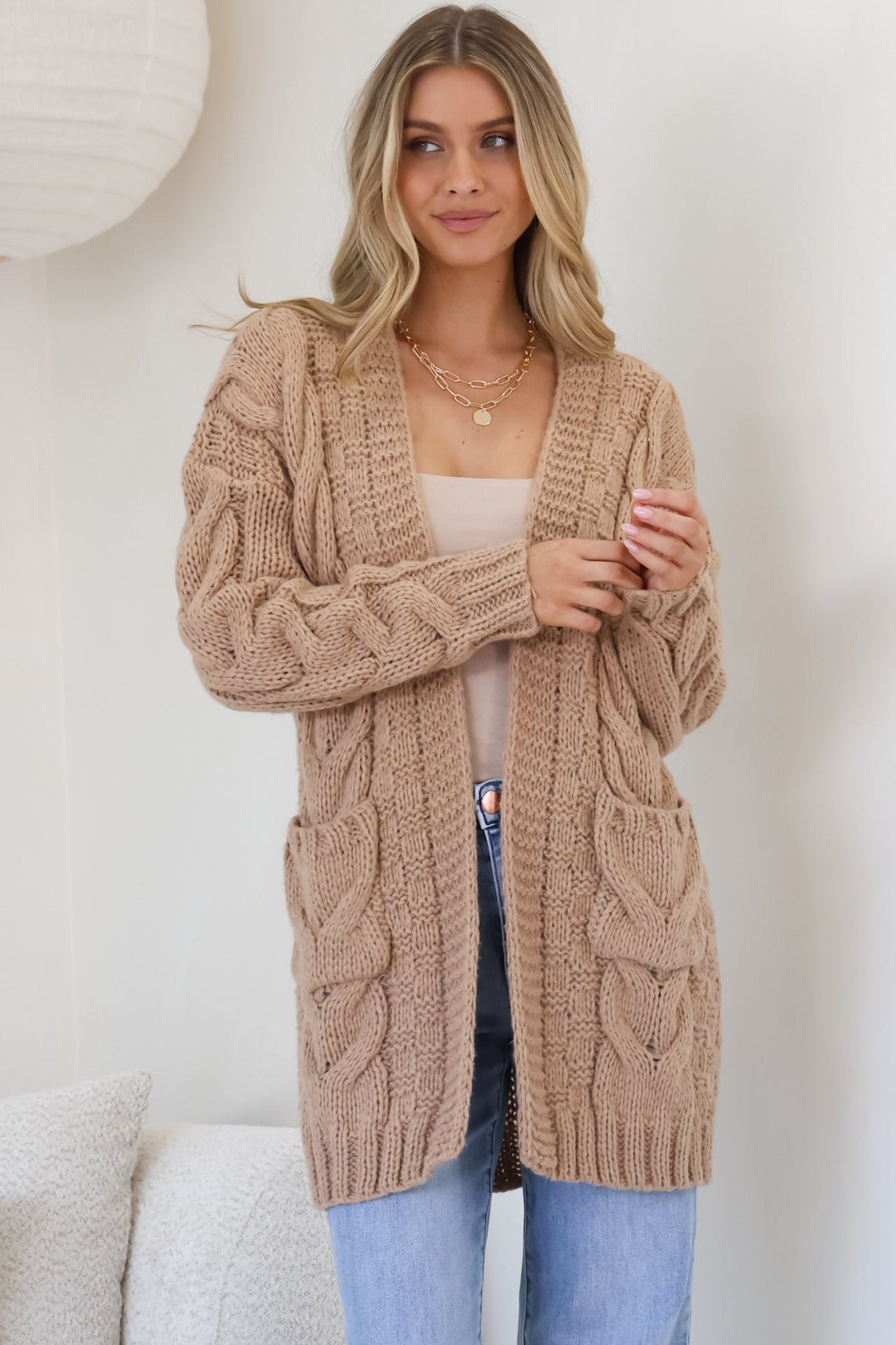 Elton Cardigan - Cable Knit Open Cardigan with Pockets in Camel
