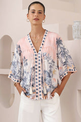 Elysia Blouse - Deep V Neck Button Down 3/4 Sleeve Top in Armena Print