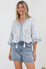 Elysia Blouse - Deep V Neck Button Down 3/4 Sleeve Top in Josie Print