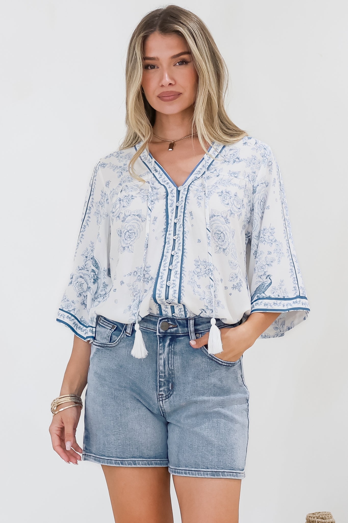 Elysia Blouse Deep V Neck Button Down 3 4 Sleeve Top Josie Print