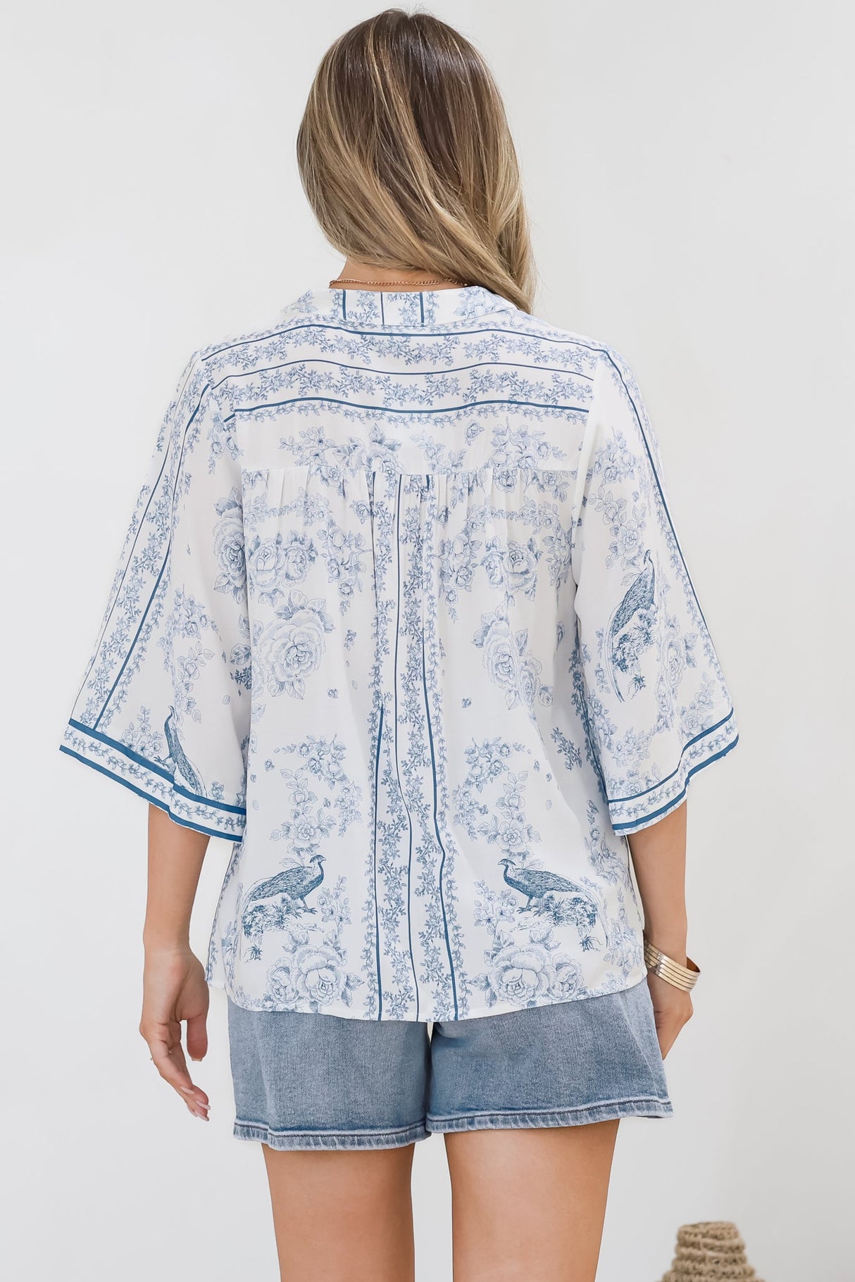 Elysia Blouse - Deep V Neck Button Down 3/4 Sleeve Top in Josie Print