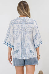 Elysia Blouse - Deep V Neck Button Down 3/4 Sleeve Top in Josie Print