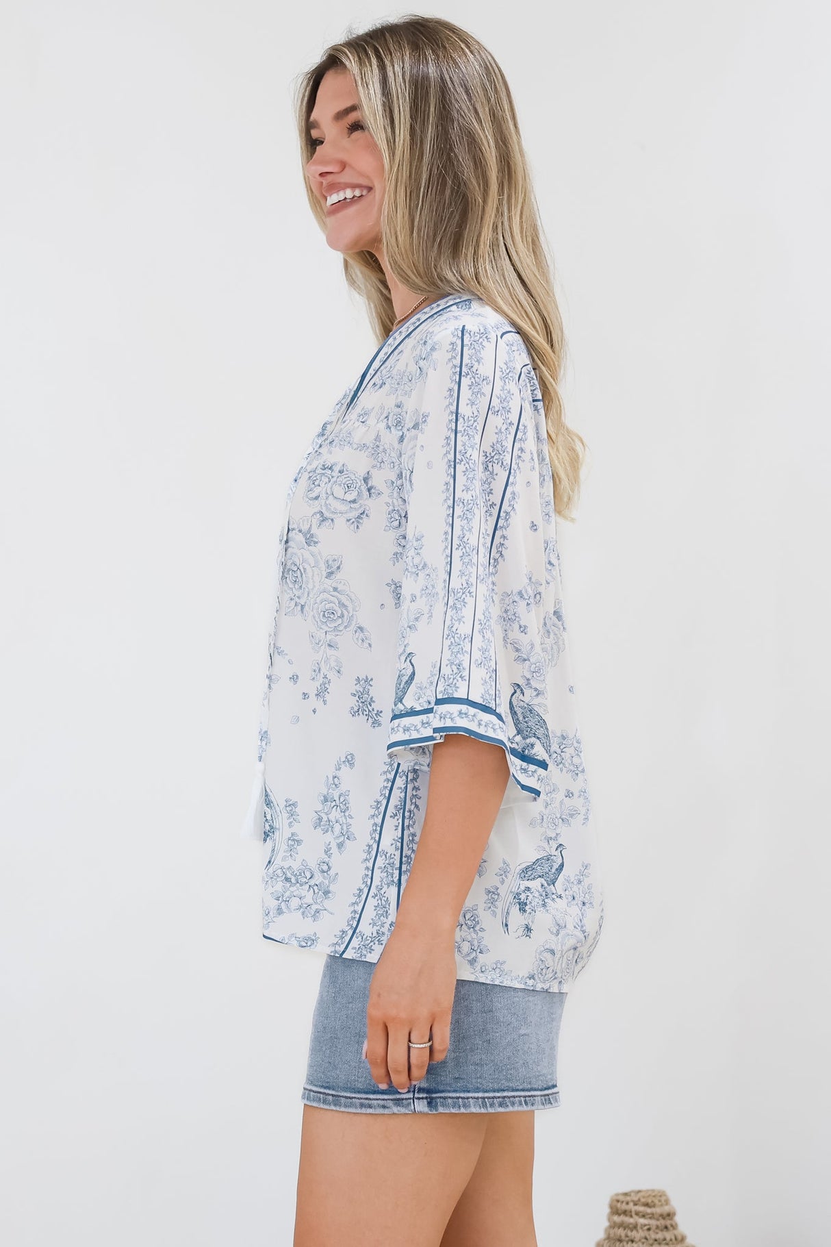 Elysia Blouse - Deep V Neck Button Down 3/4 Sleeve Top in Josie Print