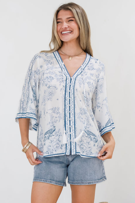 Elysia Blouse - Deep V Neck Button Down 3/4 Sleeve Top in Josie Print