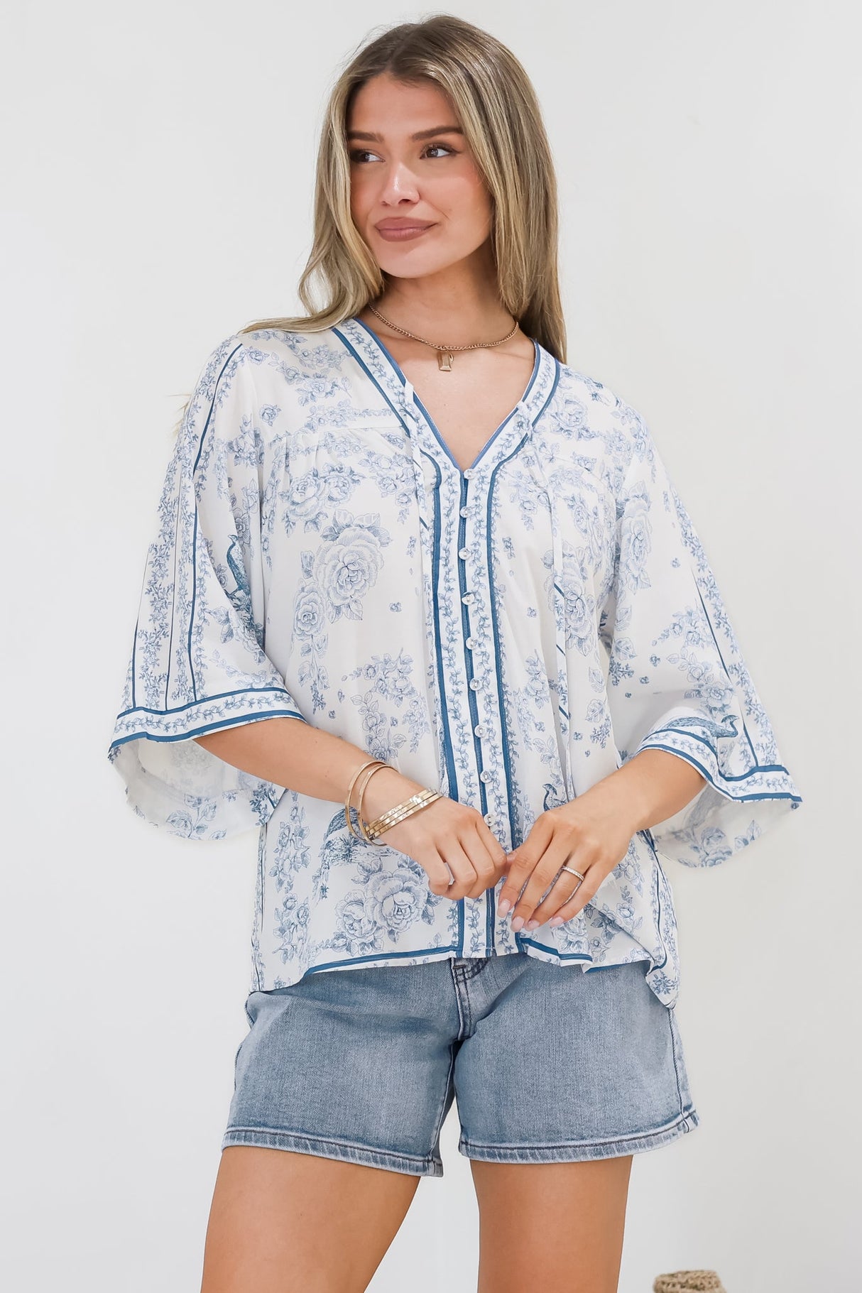 Elysia Blouse - Deep V Neck Button Down 3/4 Sleeve Top in Josie Print