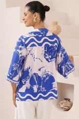 Elysia Blouse - Deep V Neck Button Down 3/4 Sleeve Top in Katiya Print