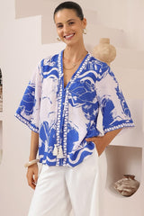 Elysia Blouse - Deep V Neck Button Down 3/4 Sleeve Top in Katiya Print