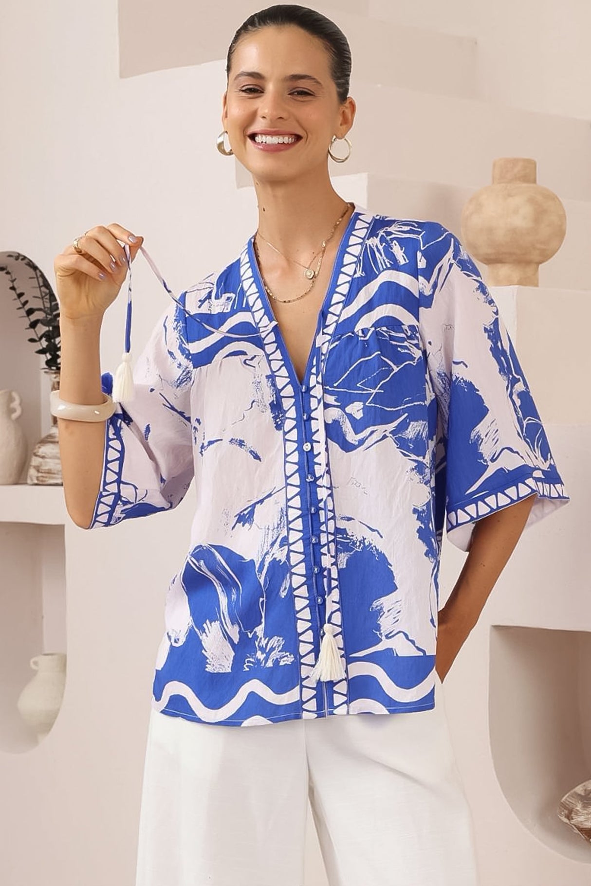 Elysia Blouse - Deep V Neck Button Down 3/4 Sleeve Top in Katiya Print
