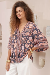 Elysia Blouse - Deep V Neck Button Down 3/4 Sleeve Top in Leandra Print