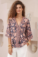 Elysia Blouse - Deep V Neck Button Down 3/4 Sleeve Top in Leandra Print