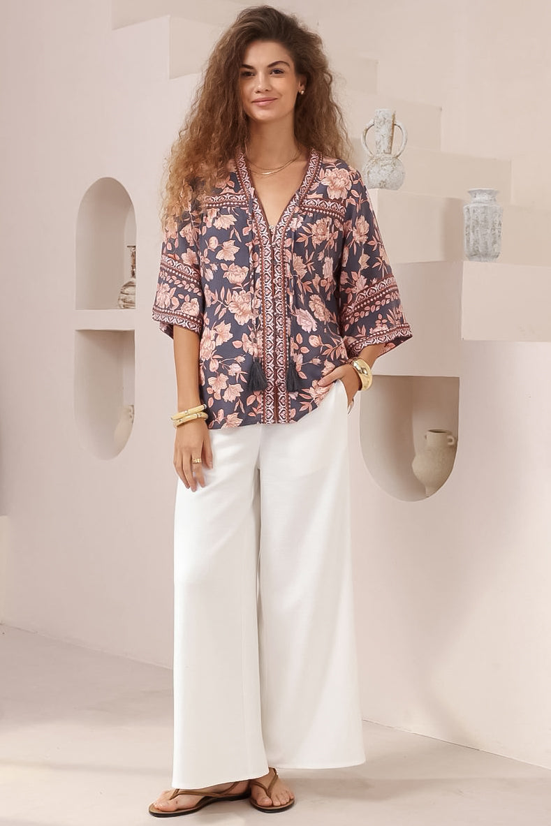 Elysia Blouse - Deep V Neck Button Down 3/4 Sleeve Top in Leandra Print