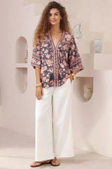 Elysia Blouse - Deep V Neck Button Down 3/4 Sleeve Top in Leandra Print