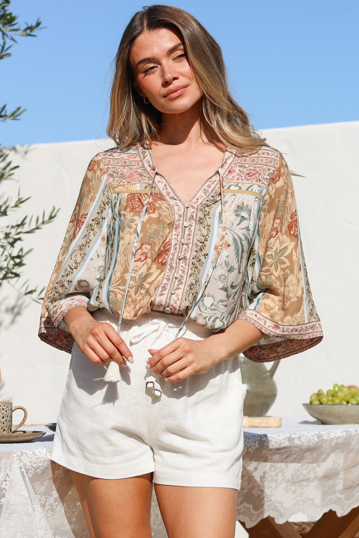 Elysia Blouse - Deep V Neck Button Down 3/4 Sleeve Top in Lyla Print