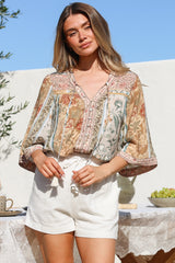 Elysia Blouse - Deep V Neck Button Down 3/4 Sleeve Top in Lyla Print