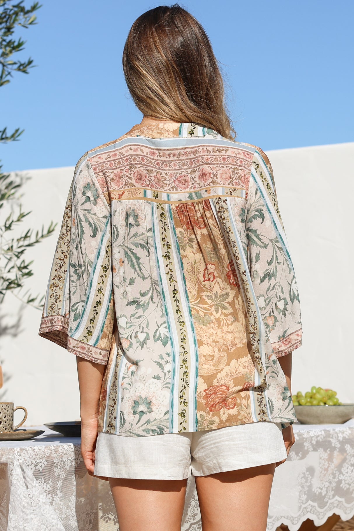 Elysia Blouse - Deep V Neck Button Down 3/4 Sleeve Top in Lyla Print