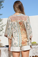 Elysia Blouse - Deep V Neck Button Down 3/4 Sleeve Top in Lyla Print