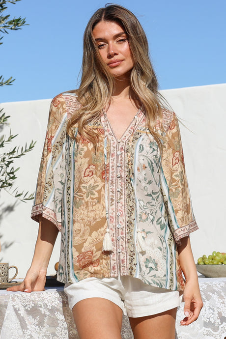 Elysia Blouse - Deep V Neck Button Down 3/4 Sleeve Top in Lyla Print