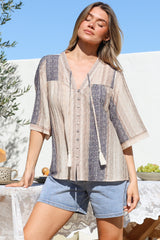 Elysia Blouse - Deep V Neck Button Down 3/4 Sleeve Top in Millaray Print