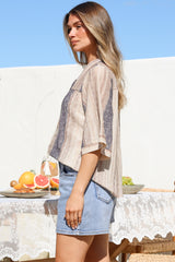 Elysia Blouse - Deep V Neck Button Down 3/4 Sleeve Top in Millaray Print