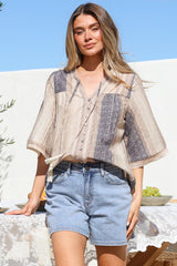 Elysia Blouse - Deep V Neck Button Down 3/4 Sleeve Top in Millaray Print