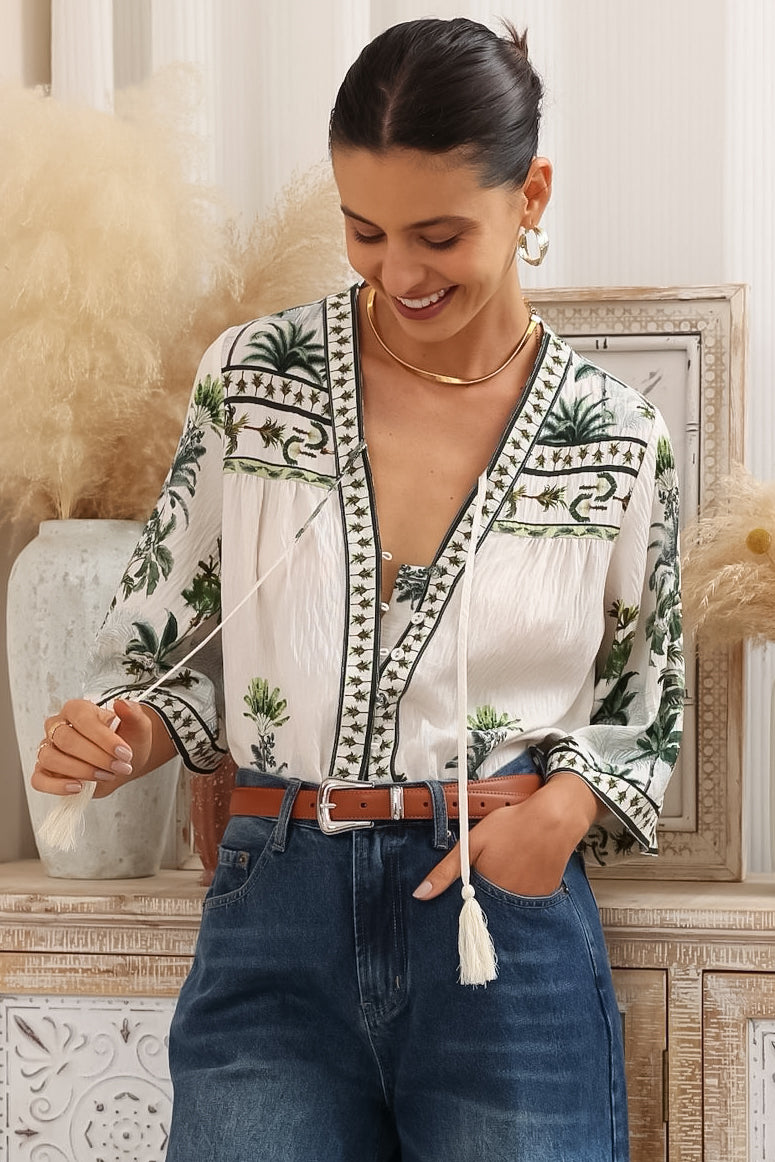 Elysia Blouse - Deep V Neck Button Down 3/4 Sleeve Top in Nessa Print