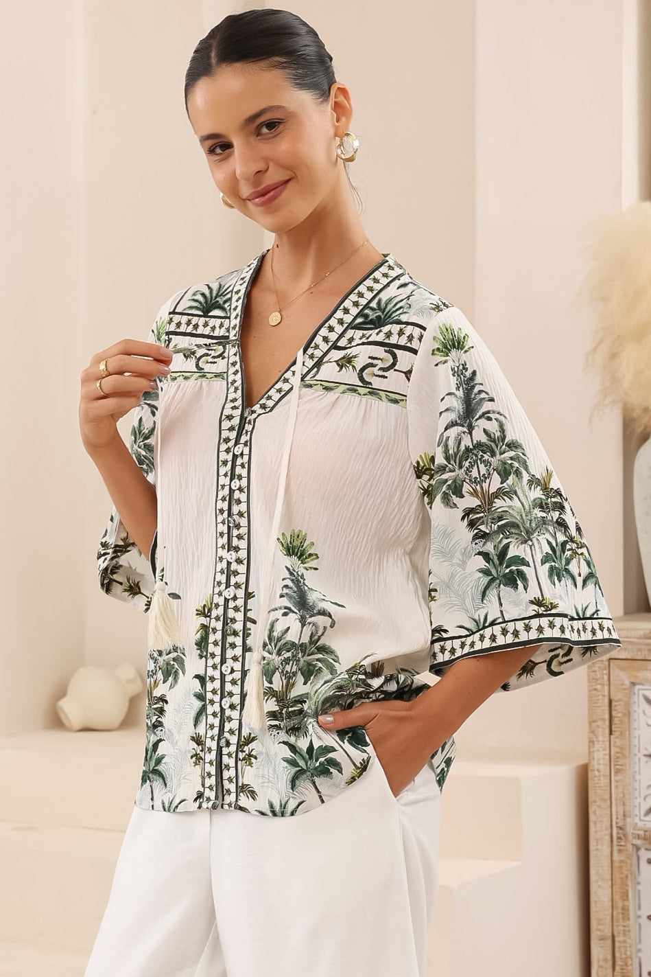 Elysia Blouse - Deep V Neck Button Down 3/4 Sleeve Top in Nessa Print
