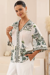Elysia Blouse - Deep V Neck Button Down 3/4 Sleeve Top in Nessa Print