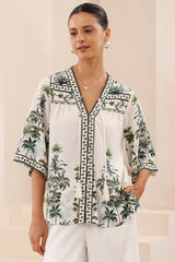 Elysia Blouse - Deep V Neck Button Down 3/4 Sleeve Top in Nessa Print