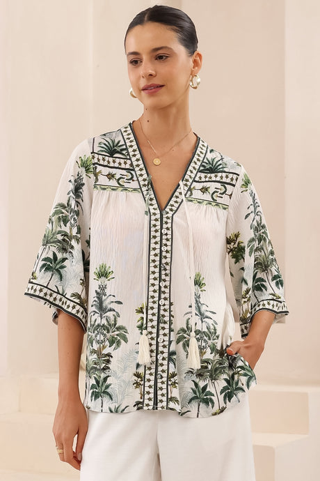 Elysia Blouse - Deep V Neck Button Down 3/4 Sleeve Top in Nessa Print