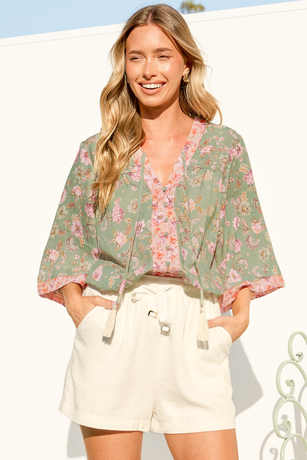 Elysia Blouse - Deep V Neck Button Down 3/4 Sleeve Top in Ottilie Print