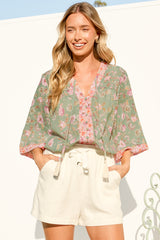 Elysia Blouse - Deep V Neck Button Down 3/4 Sleeve Top in Ottilie Print