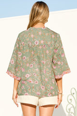 Elysia Blouse - Deep V Neck Button Down 3/4 Sleeve Top in Ottilie Print