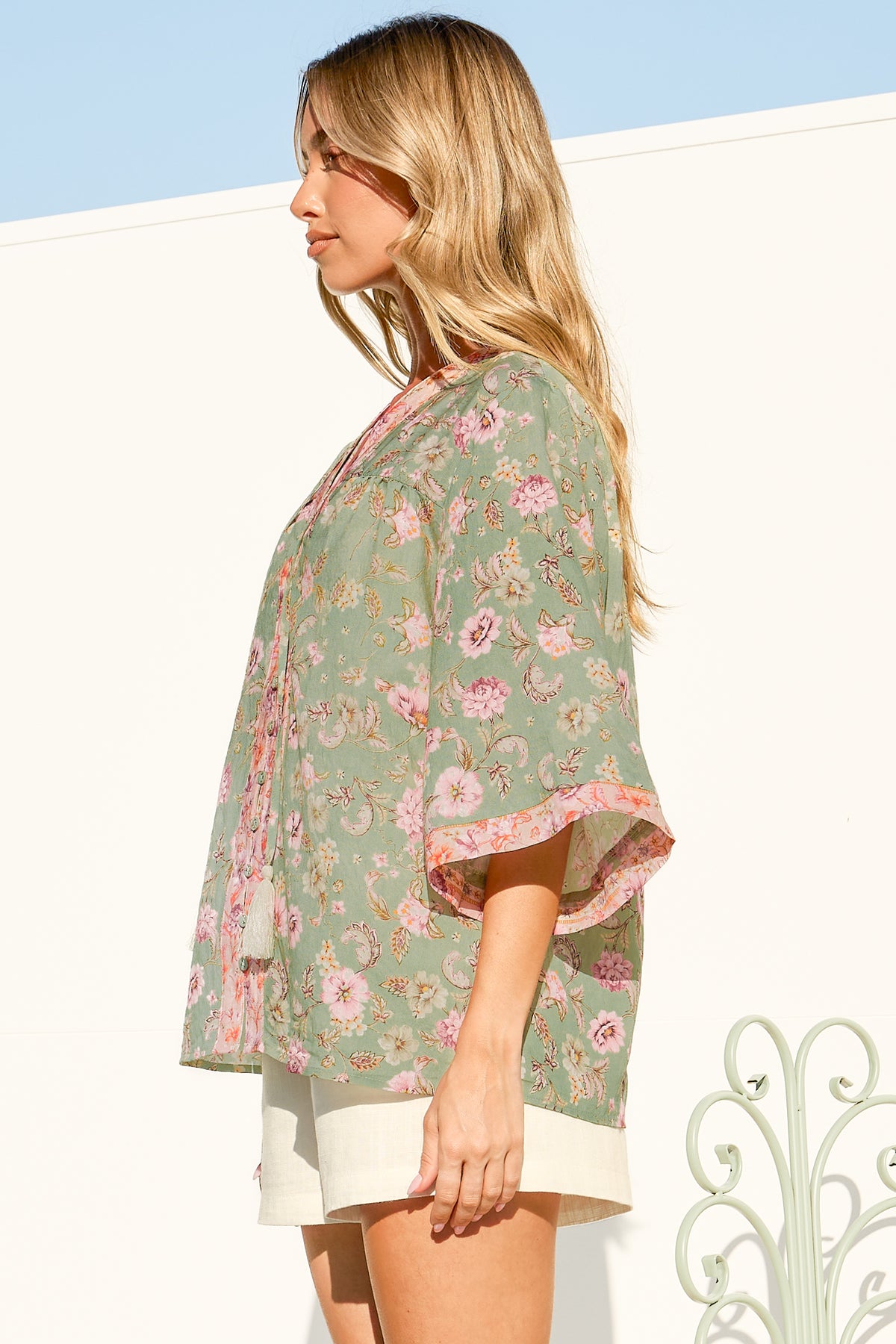 Elysia Blouse - Deep V Neck Button Down 3/4 Sleeve Top in Ottilie Print