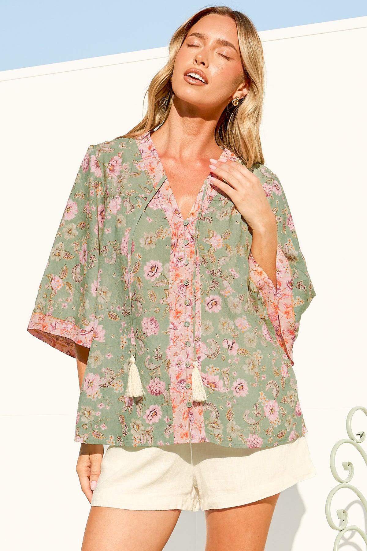 Elysia Blouse - Deep V Neck Button Down 3/4 Sleeve Top in Ottilie Print