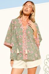 Elysia Blouse - Deep V Neck Button Down 3/4 Sleeve Top in Ottilie Print