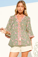 Elysia Blouse - Deep V Neck Button Down 3/4 Sleeve Top in Ottilie Print